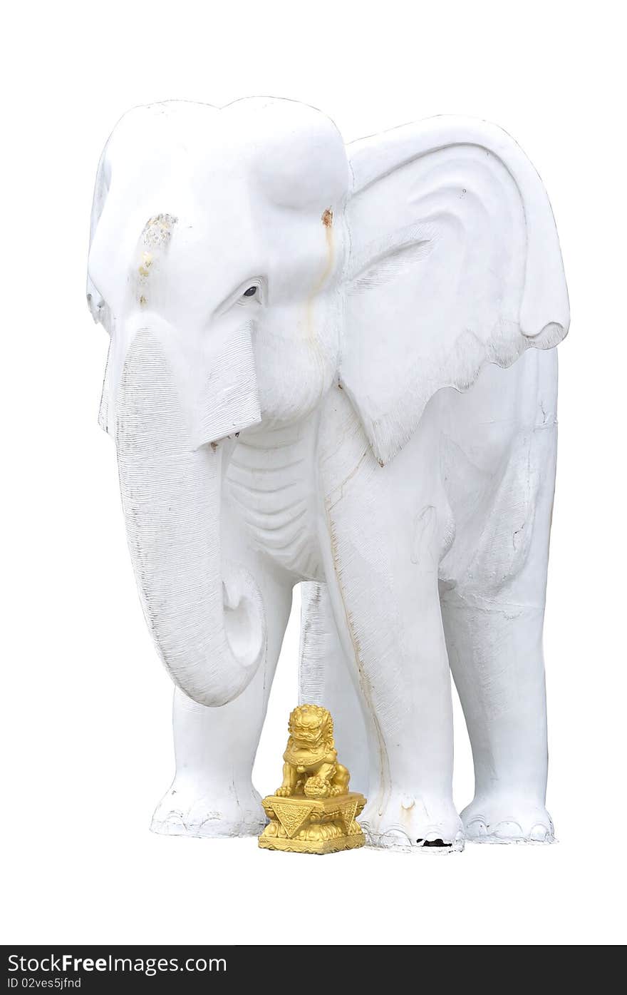 White elephant statue with small chinese lion statue on white background