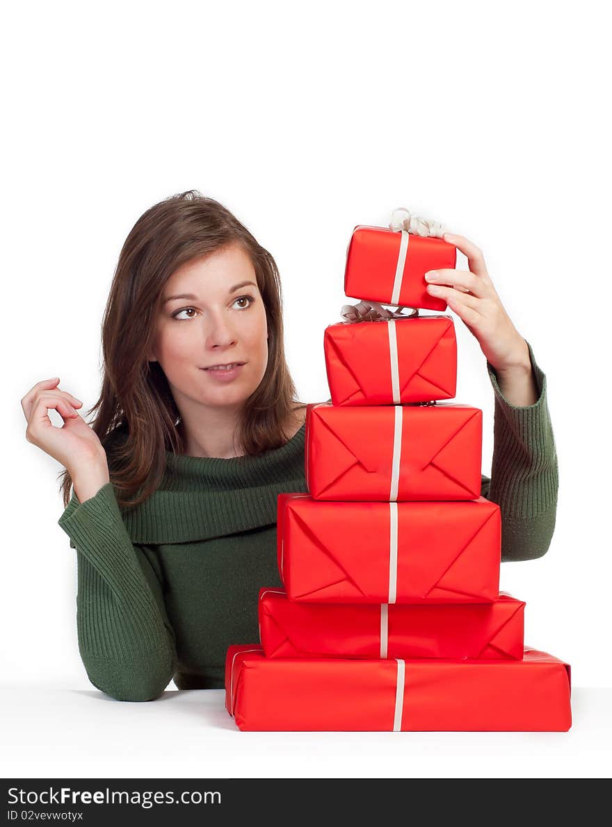 Women with red gift boxes with white background