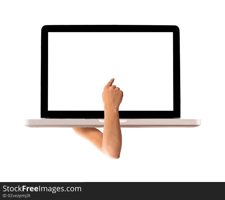 Hand pointing to a laptop