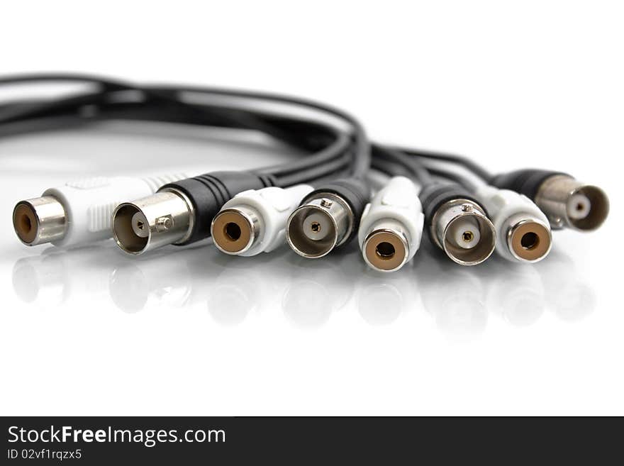 BNC and RCA terminated coaxial cables isolated on white - concept of data, voice, video communications