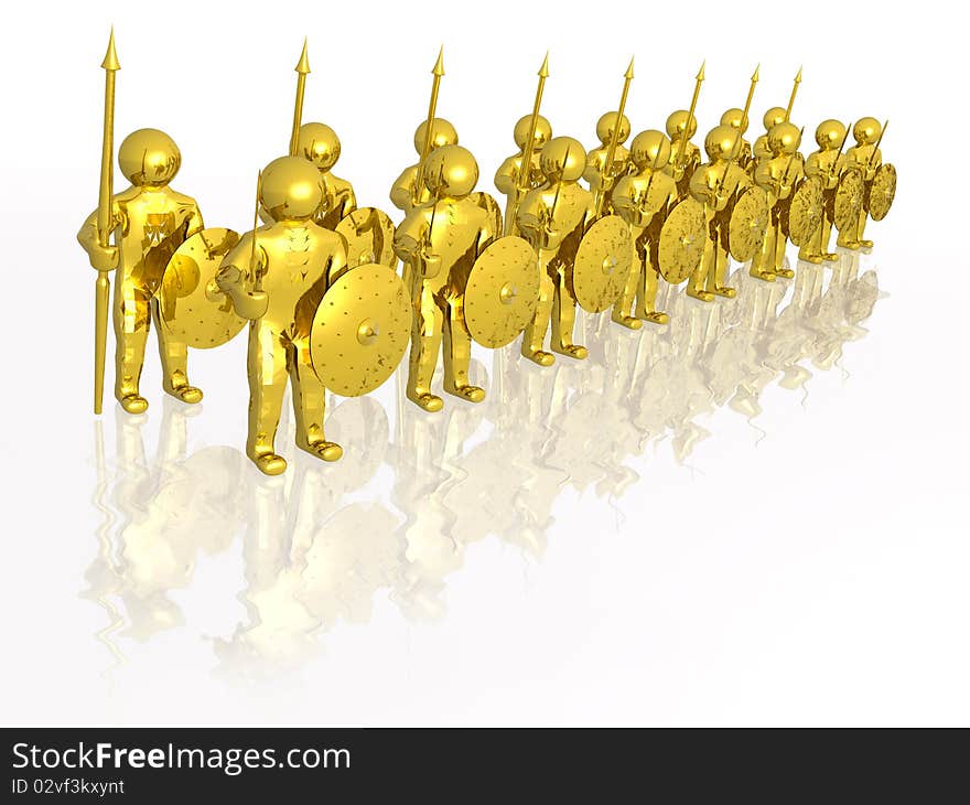 Gold soldiers with gold swords on white reflective background. Gold soldiers with gold swords on white reflective background.