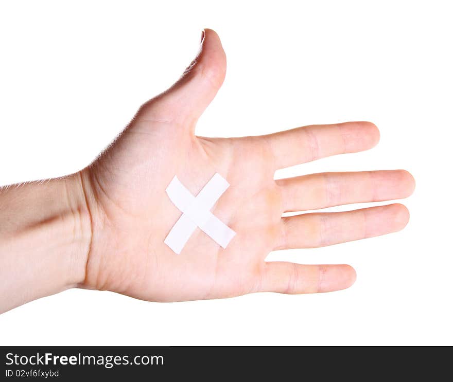 Hand with plaster on palm isolated on white