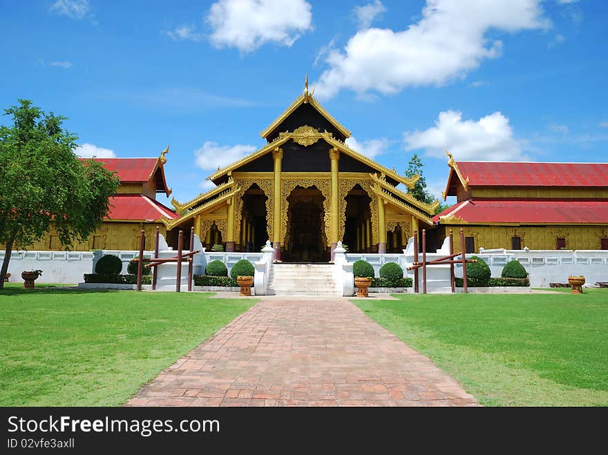 Pavilion of buddhist temple with brighten sky