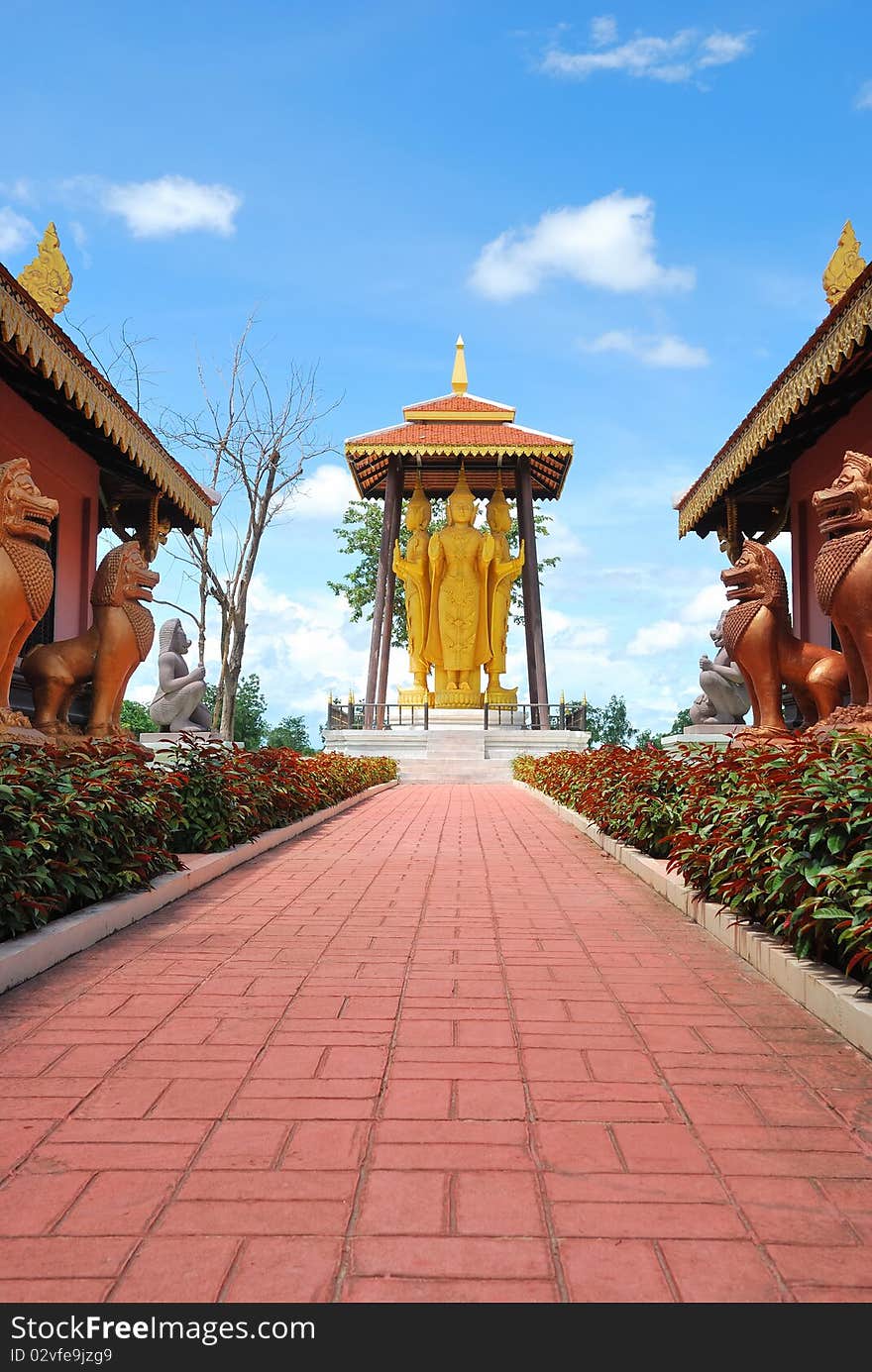 Buddha pavilion and walk way of buddhist temple with brighten sky