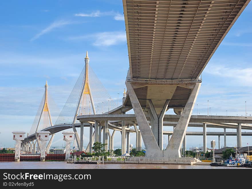 Under the suspension bridge with brighten sky view