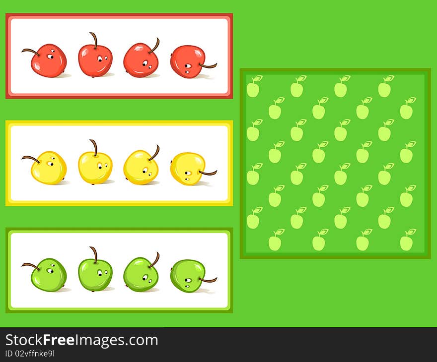 Cheerful sliding apples. A set of decorative elements. A seamless texture. Cheerful sliding apples. A set of decorative elements. A seamless texture.