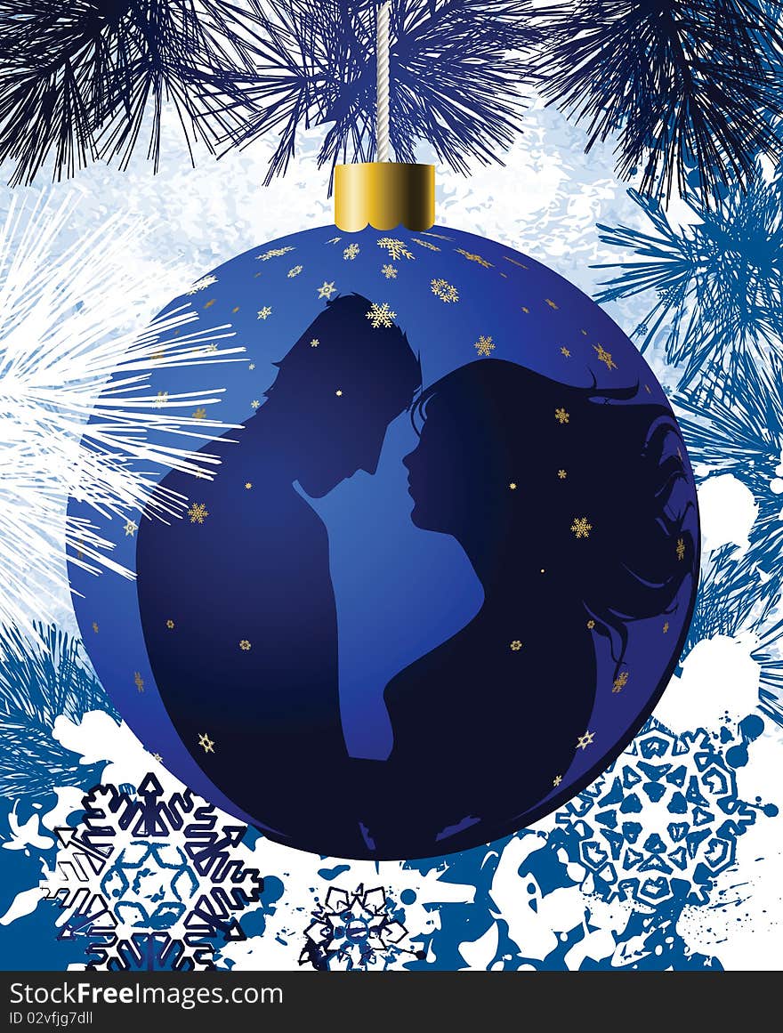 Christmas ball with kissing couple. All elements and textures are individual objects. Vector illustration scale to any size.