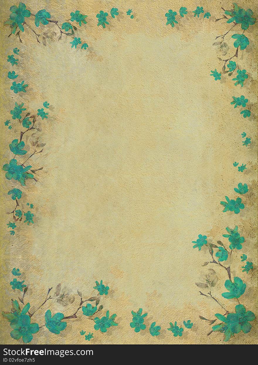 Aquamarine blossom flower border on textured background. Aquamarine blossom flower border on textured background