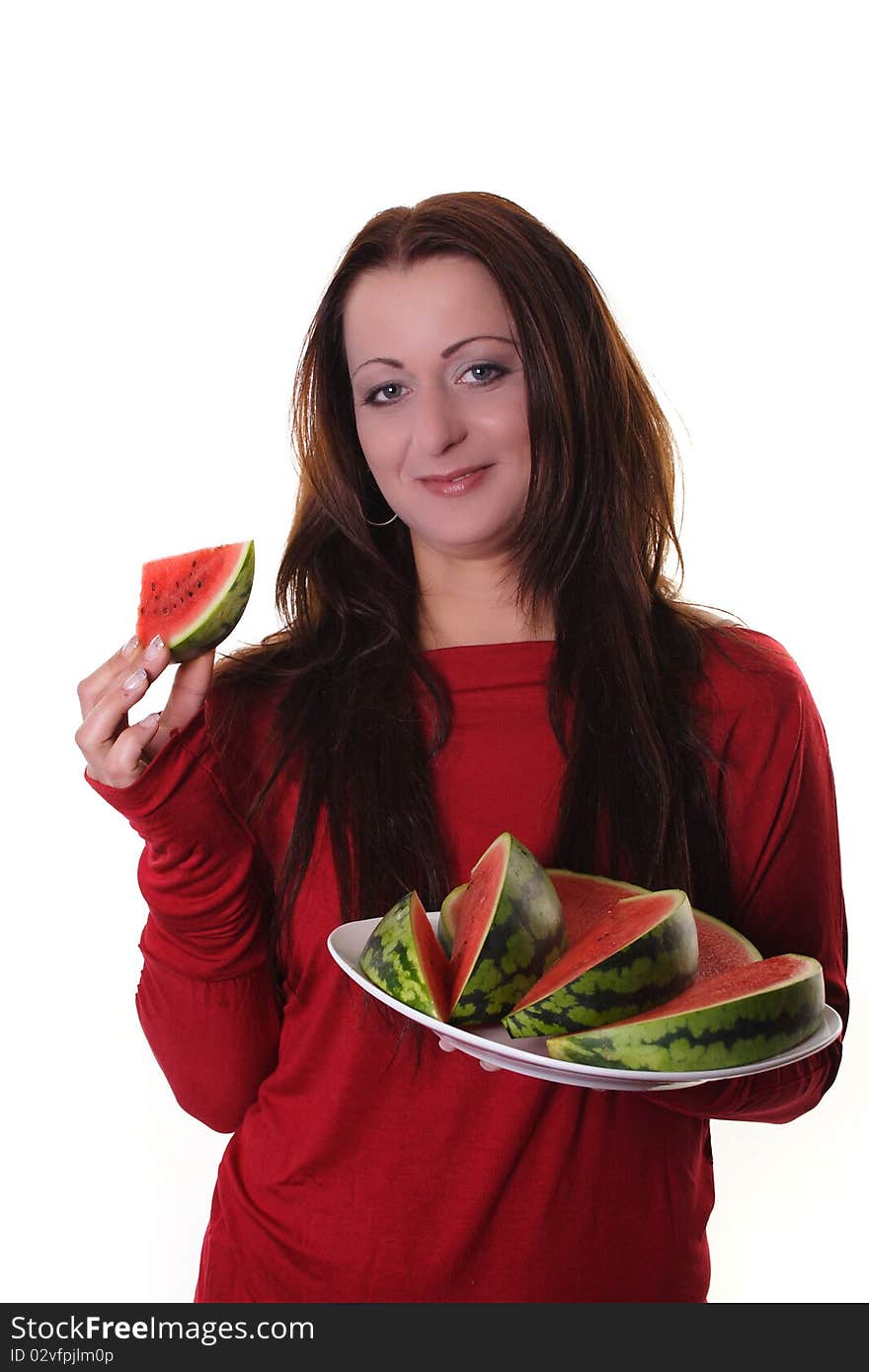 Woman with an red melon. Woman with an red melon