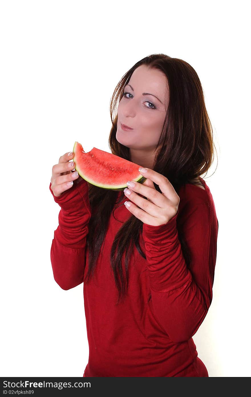 Woman with an red melon. Woman with an red melon