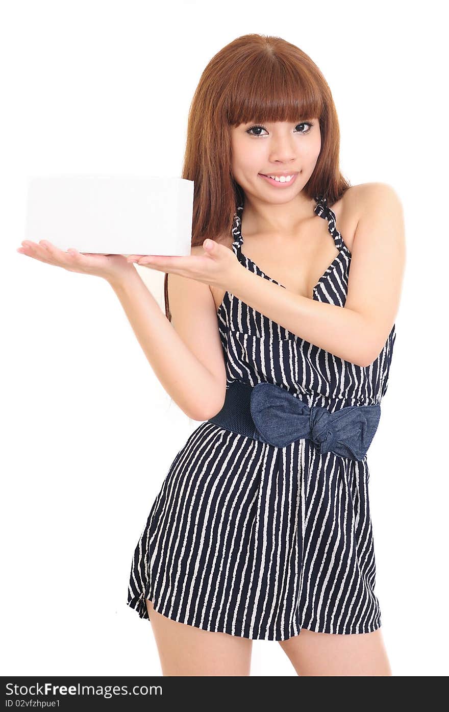 Young casual smiling woman showing blank business card sign isolated on white background. Young mixed race Chinese Asian / Caucasian model isolated on white background. Young casual smiling woman showing blank business card sign isolated on white background. Young mixed race Chinese Asian / Caucasian model isolated on white background.