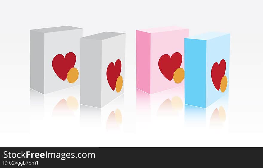 White, pink and blue boxes with hearts on front side. White, pink and blue boxes with hearts on front side