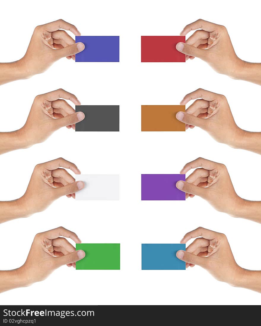 Mans hand holding a blank card with many choice of colors. Mans hand holding a blank card with many choice of colors