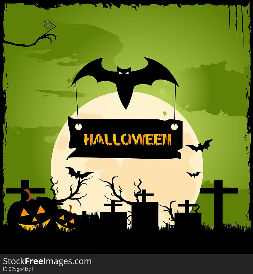 Illustration of bat holding Halloween board in graveyard. Illustration of bat holding Halloween board in graveyard