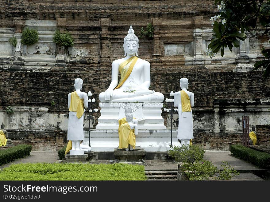 Old white Buddha in Ayuttaya temple.