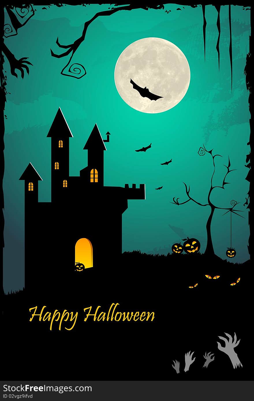 Illustration of halloween night with haunted castle and bat flying. Illustration of halloween night with haunted castle and bat flying