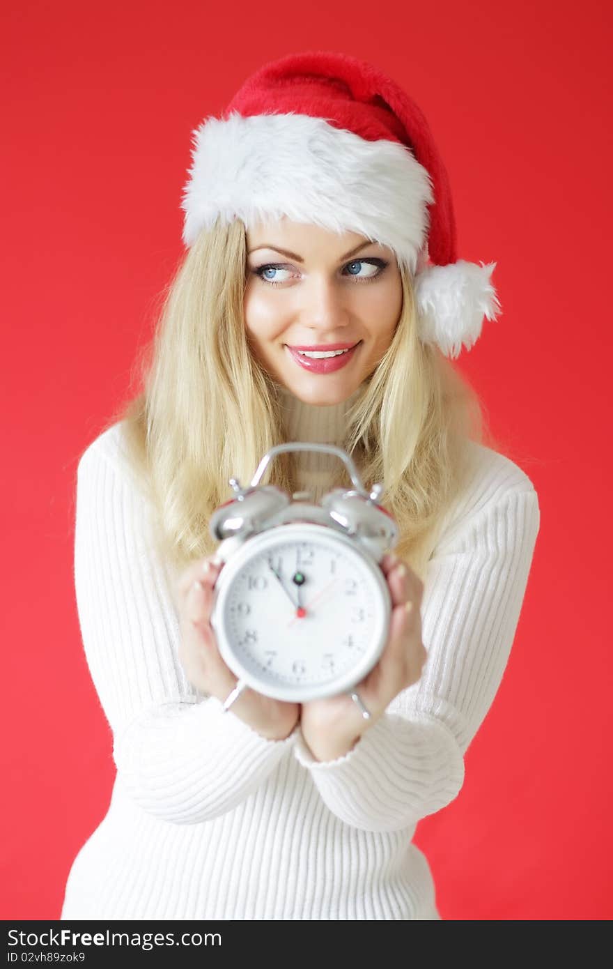 Santa girl on a red background