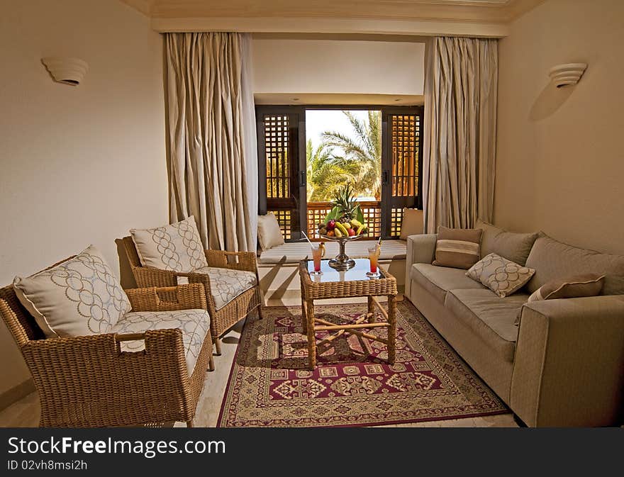 Seating area in a luxury hotel room