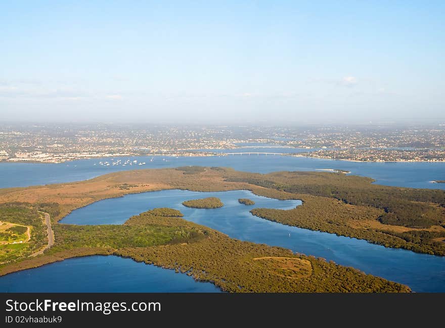 Sydney national parks with city on background from the air when plane landing, Australia. Sydney national parks with city on background from the air when plane landing, Australia