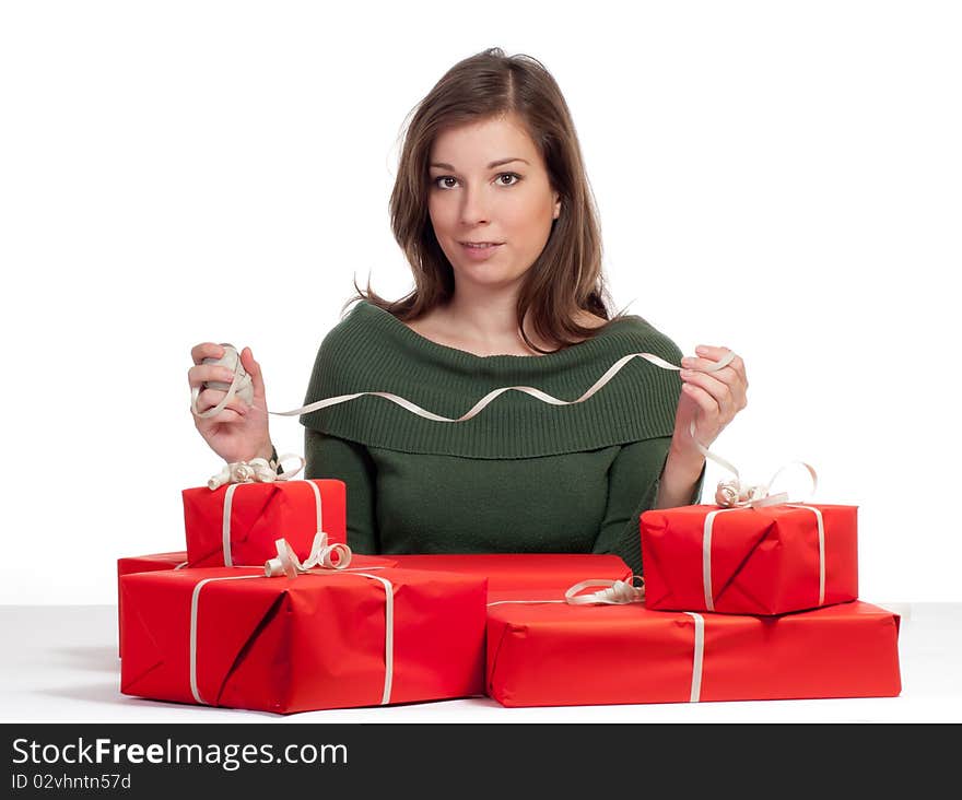 Beautiful women and red giftboxes with white background