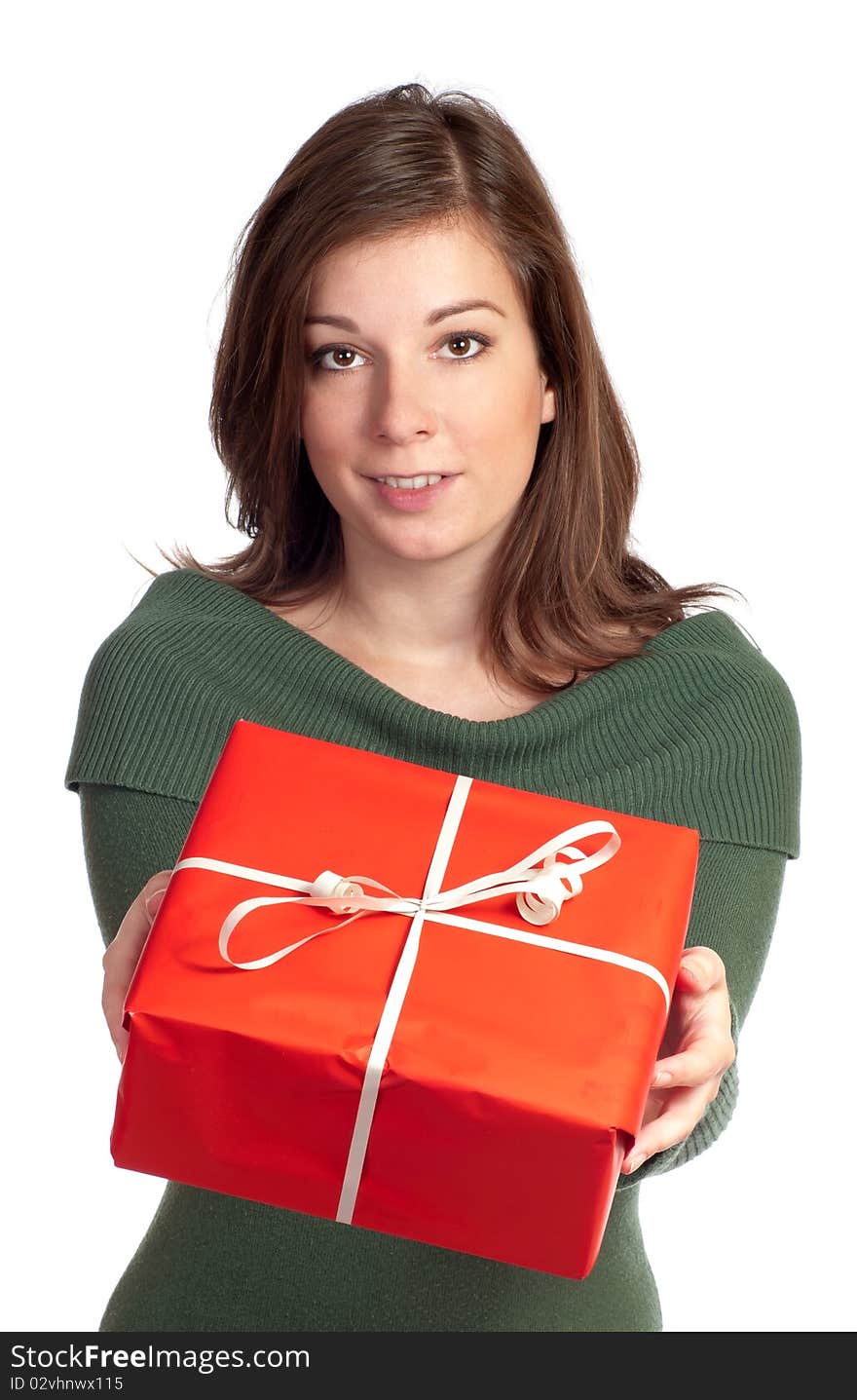 Beautiful women and red giftboxes with white background. Beautiful women and red giftboxes with white background