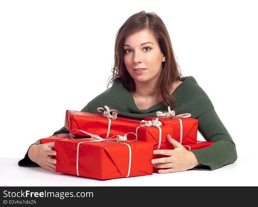 Young woman with red gitfboxes with white background