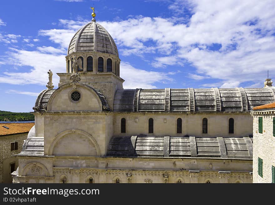 Cathedral in the city of Sibenik, Croatia, against the blue sky. Cathedral in the city of Sibenik, Croatia, against the blue sky