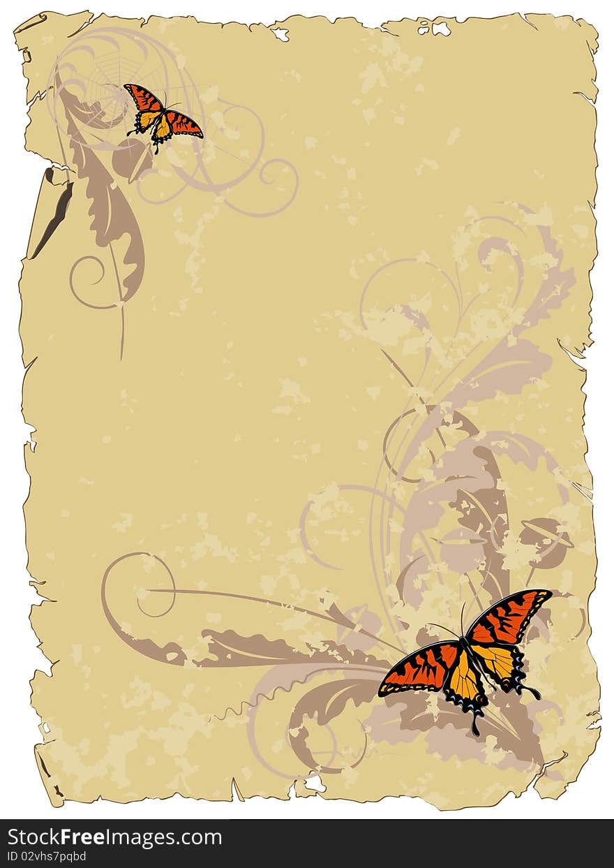 Vector background with a flower, plant and butterfly