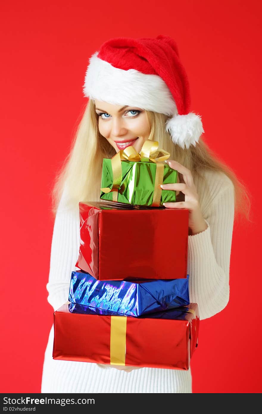 Santa girl on a red background