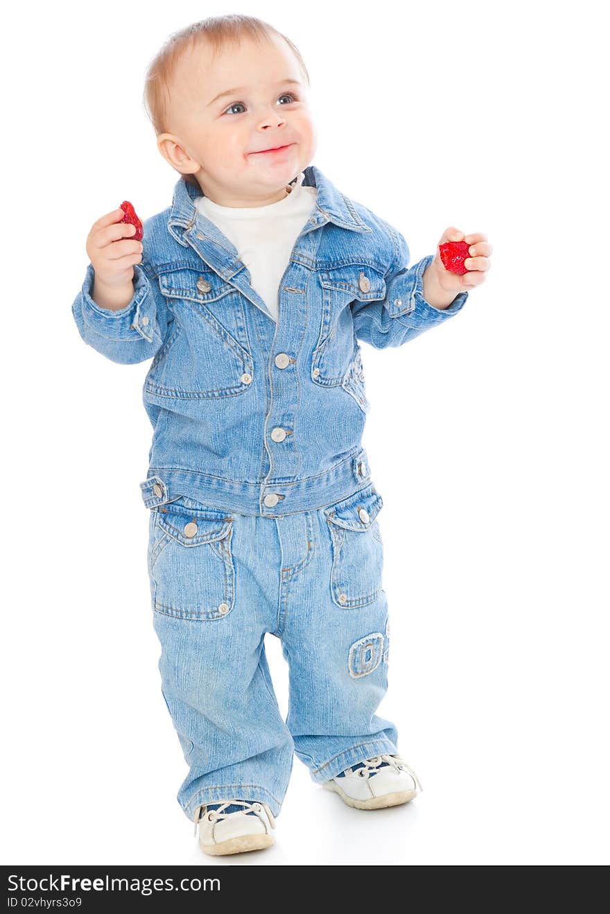 Boy with strawberry. Isolated on white background