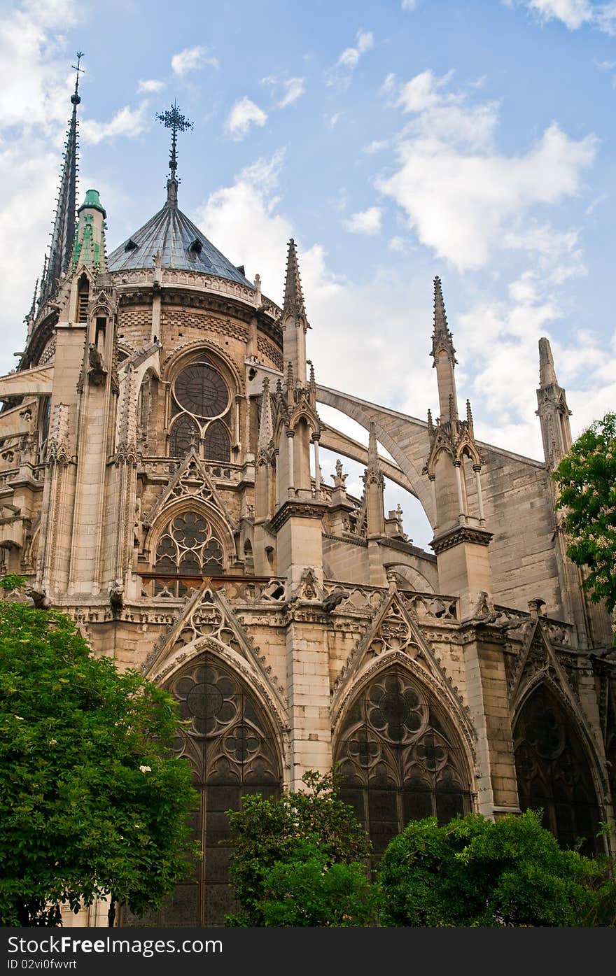 The rear of Notre Dame Cathedral, Paris, with it's oriel windows and flying butresses. The rear of Notre Dame Cathedral, Paris, with it's oriel windows and flying butresses.