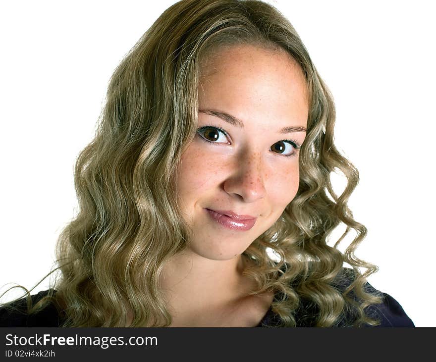 The young beautiful girl on a white background.