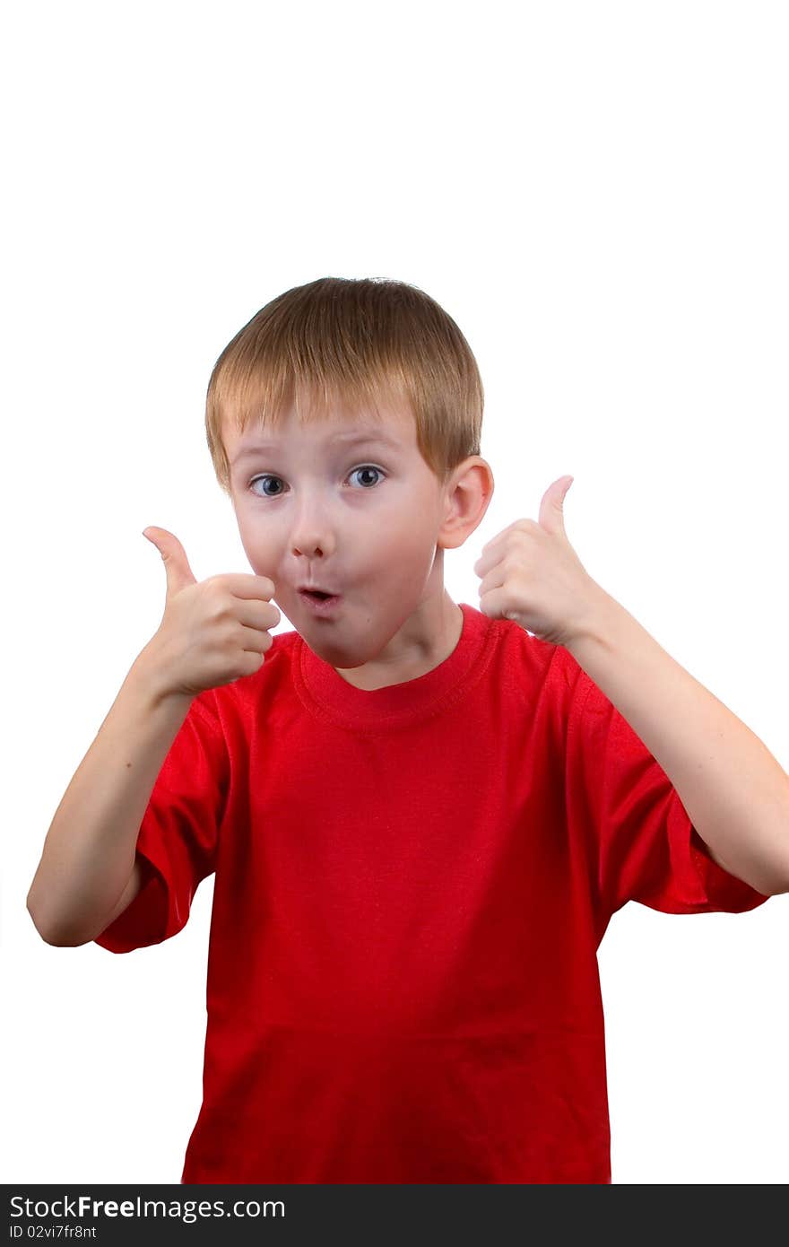 Happy boy shows the sign OK on a white background. Happy boy shows the sign OK on a white background