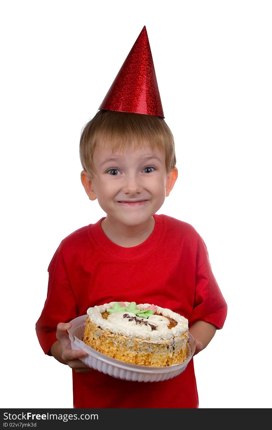 Happy boy with a cake on a white background