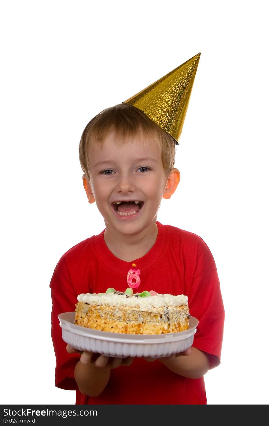 Happy boy with a cake on a white background