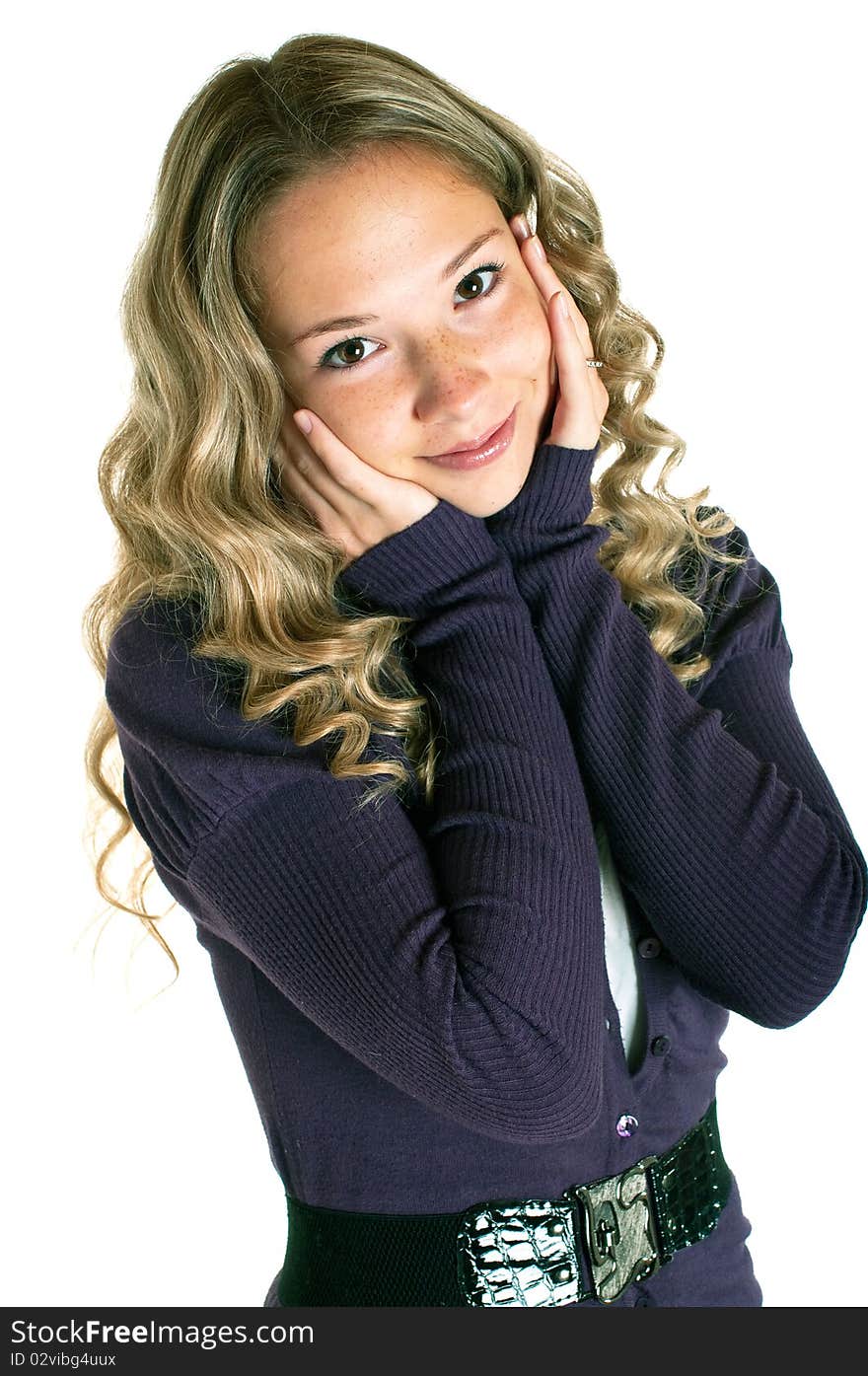 The young beautiful girl in a lilac shirt. Isolation on a white background