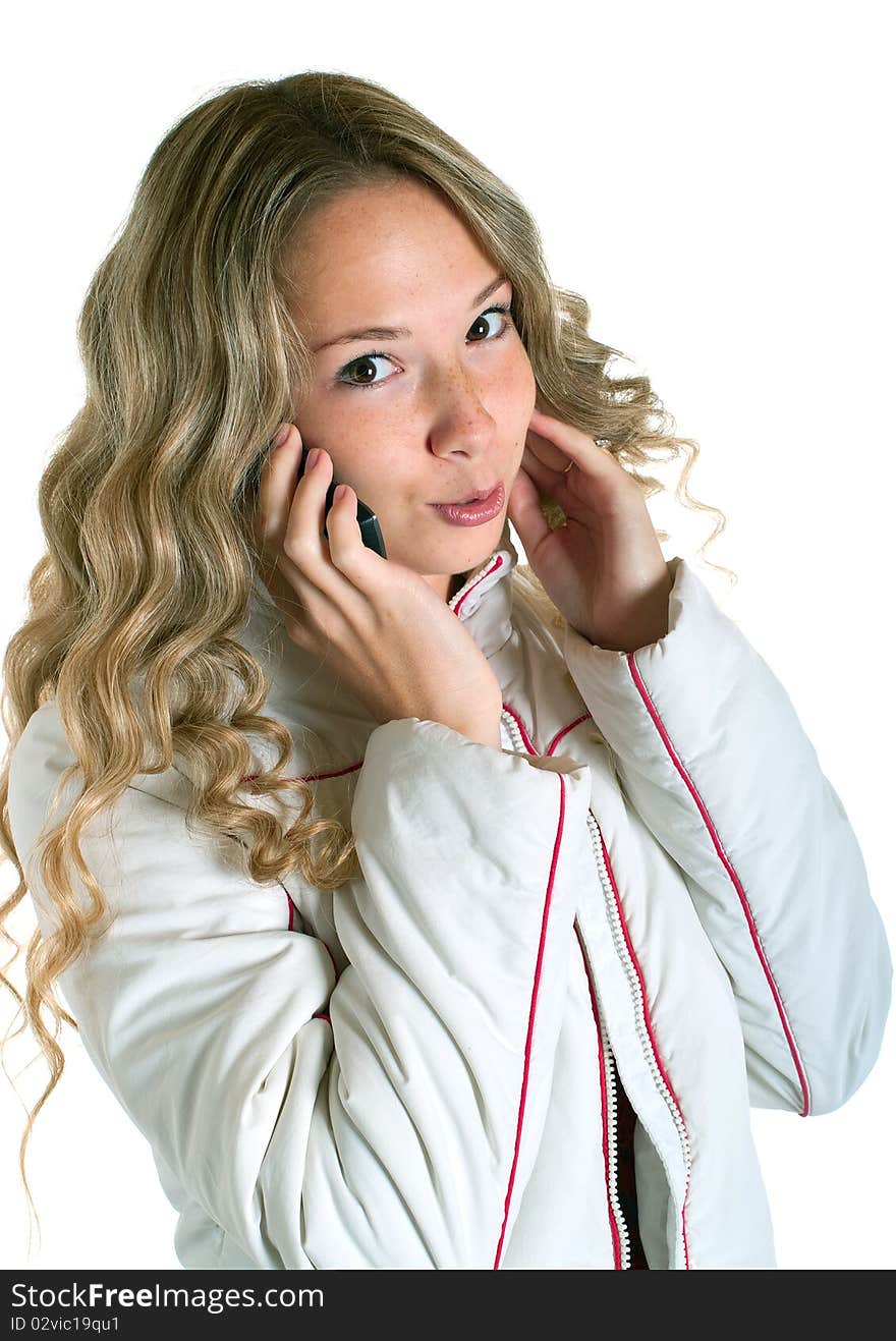 Girl in white jacket with cellular