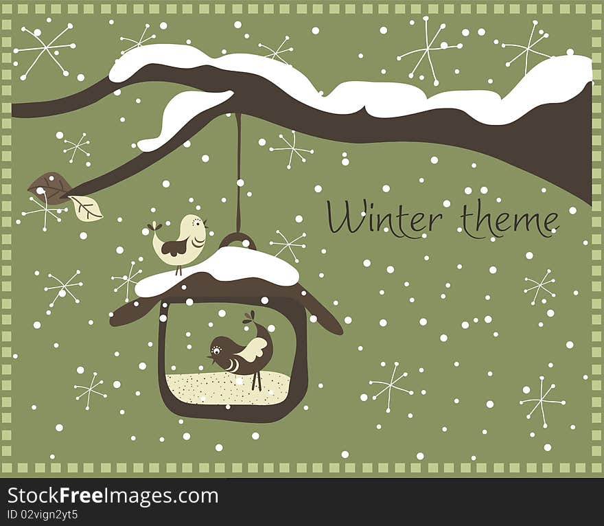 Cartoon illustration of birds on the feeder with snow. Vector illustration. Cartoon illustration of birds on the feeder with snow. Vector illustration