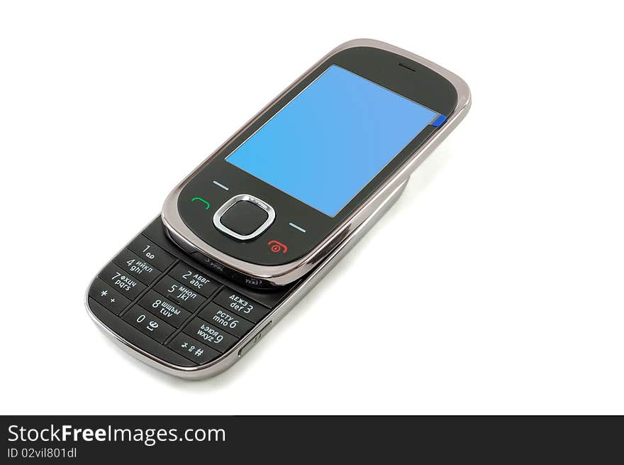 The mobile phone is isolated on a white background