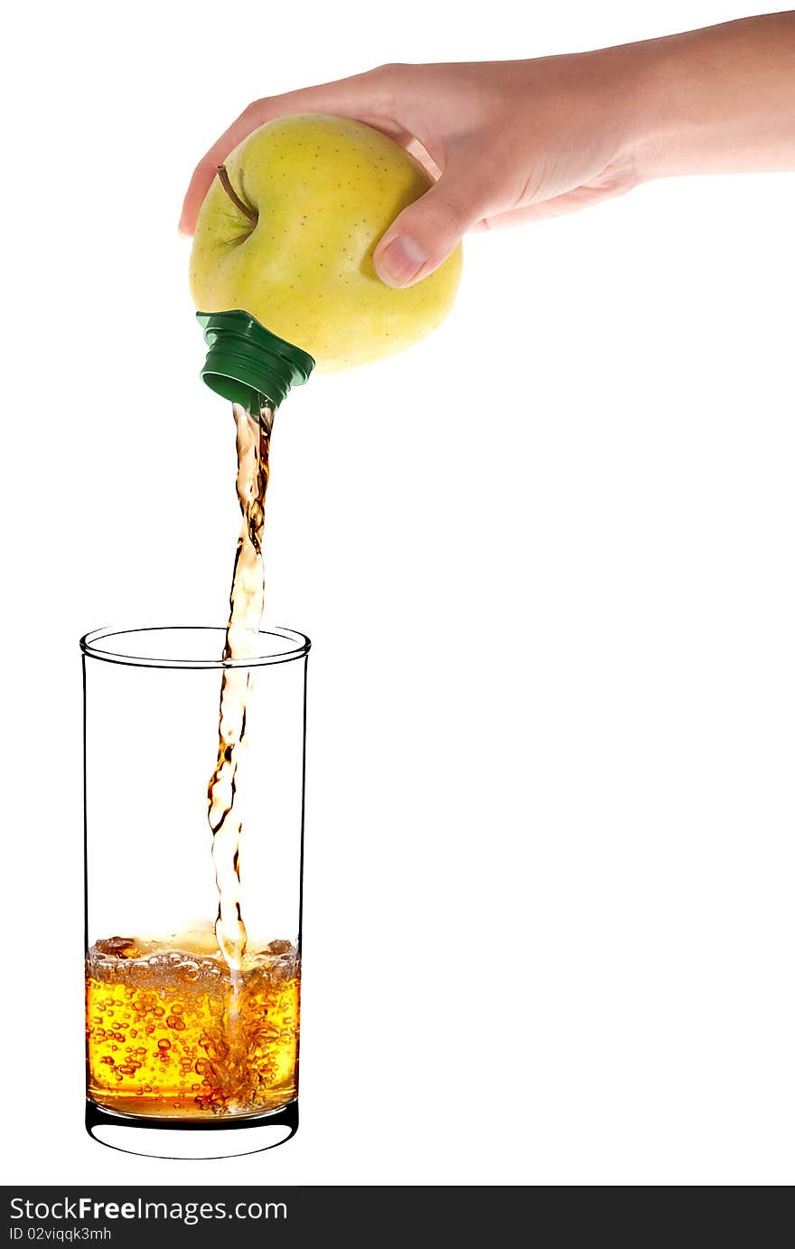 Pouring apple juice into a glass of apple isolated on a white background