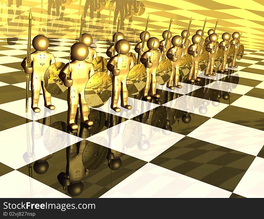 Gold soldiers with swords on the chess board. Gold soldiers with swords on the chess board.