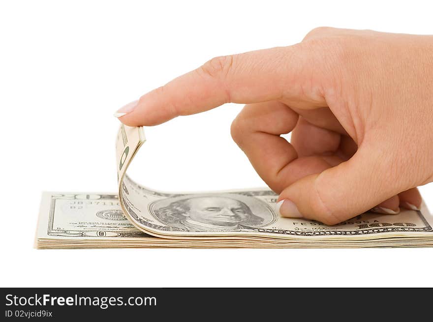 Hand counting money isolated on white background close up