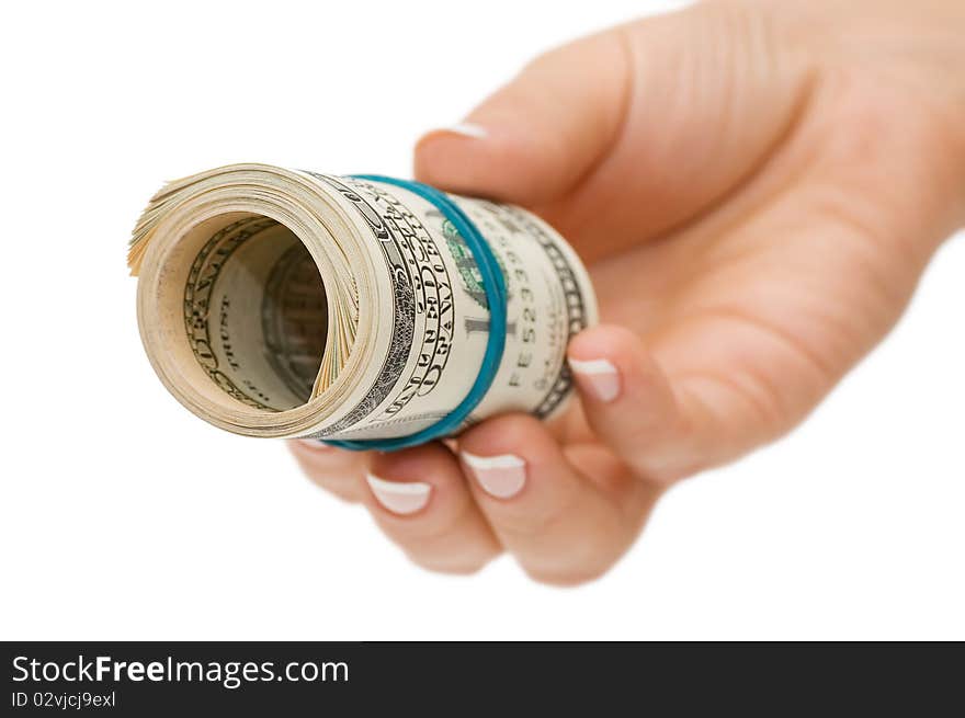 Hand with money isolated on white background close up