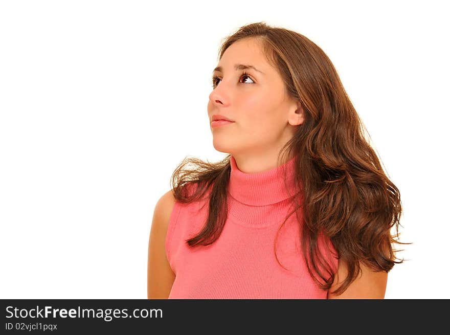 Beautiful wide eyed woman over white background