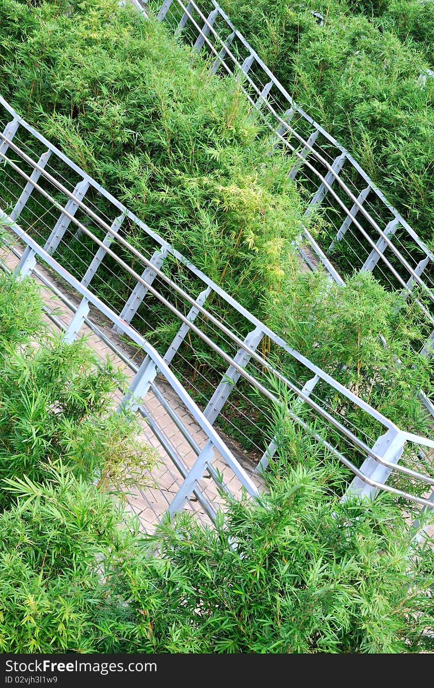 Circuity path and hand rail in bush and green plant. Circuity path and hand rail in bush and green plant.