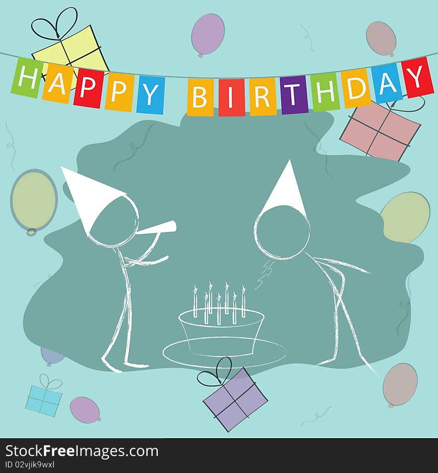 Illustration of kids celebrating birthday with cake and blowing candle