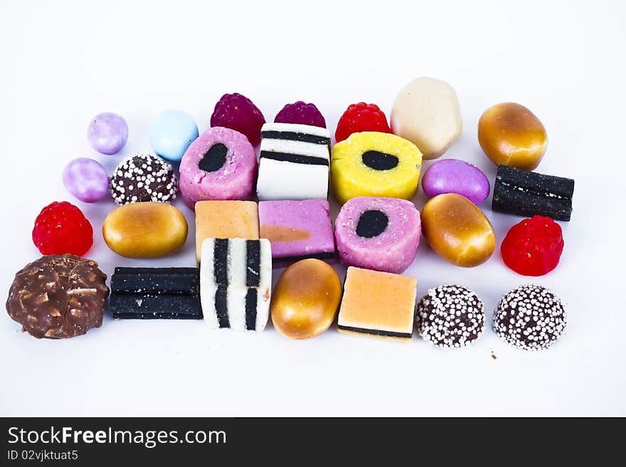 Many candy on white background.Fruit snacks