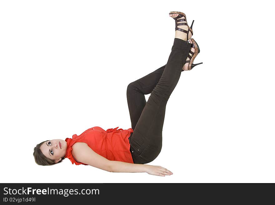 Cute girl is relaxing in studio