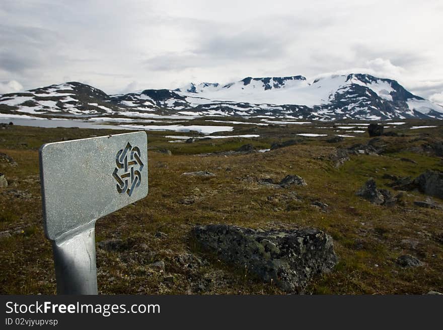 Norwegian tourist sign with ornament, made of metal