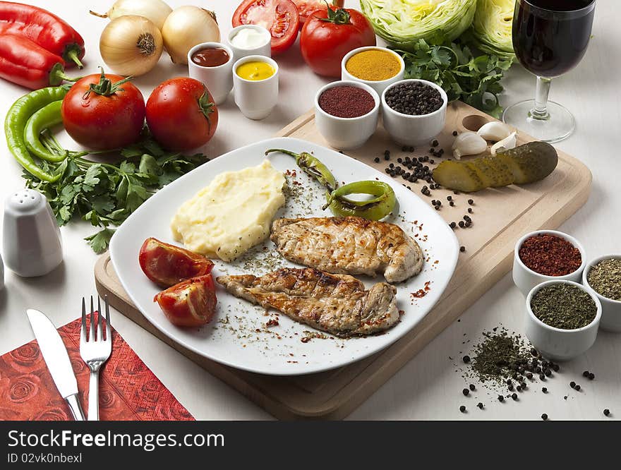 Food ingredients with chicken and cola. Food ingredients with chicken and cola